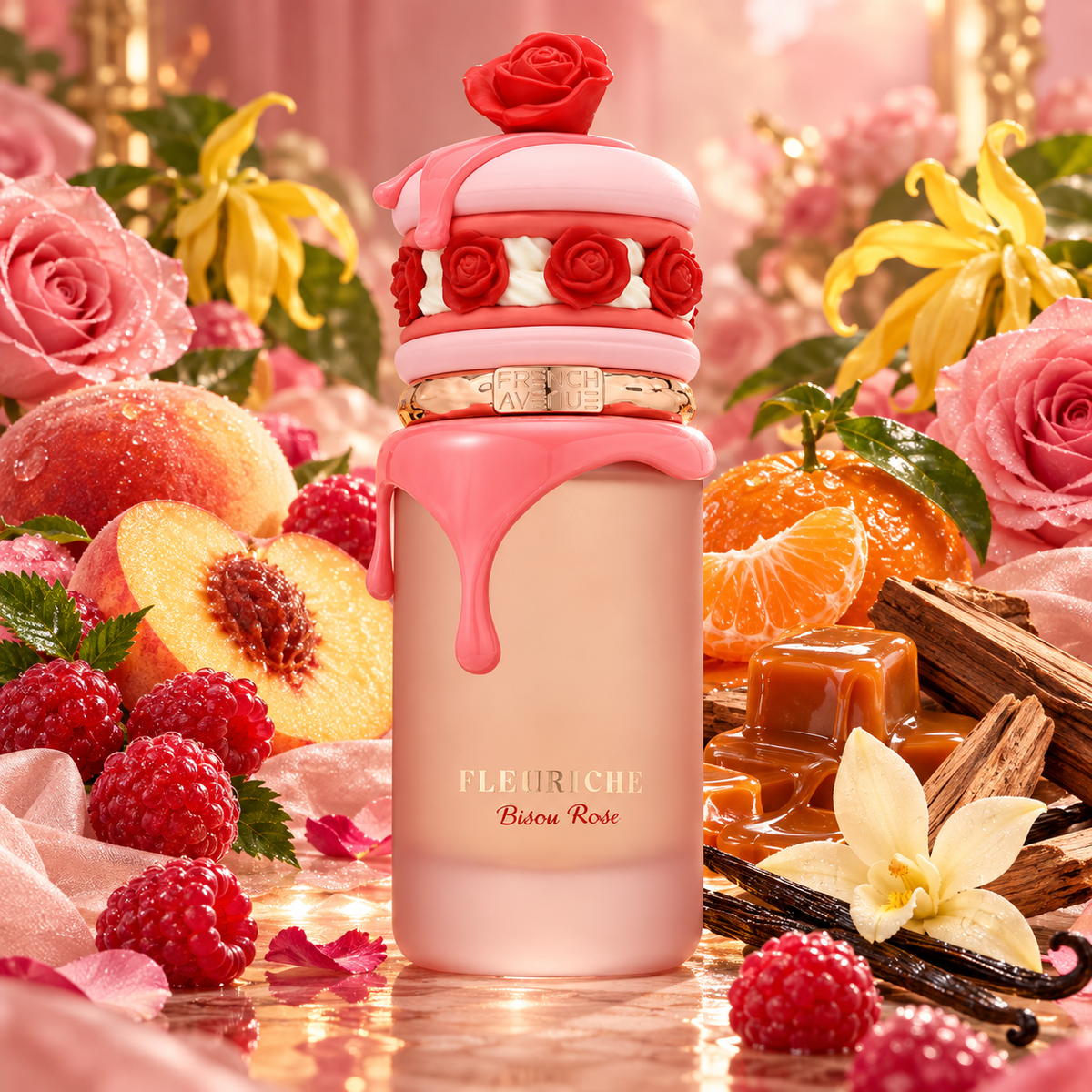 French Avenue Fleuriche Bisou Rose, roze flacon met framboos, perzik, roos, karamel en vanille