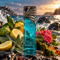 Maison Asrar Last Swim eau de parfum, turquoise flacon met citroen, salie, mos en zee op de achtergrond